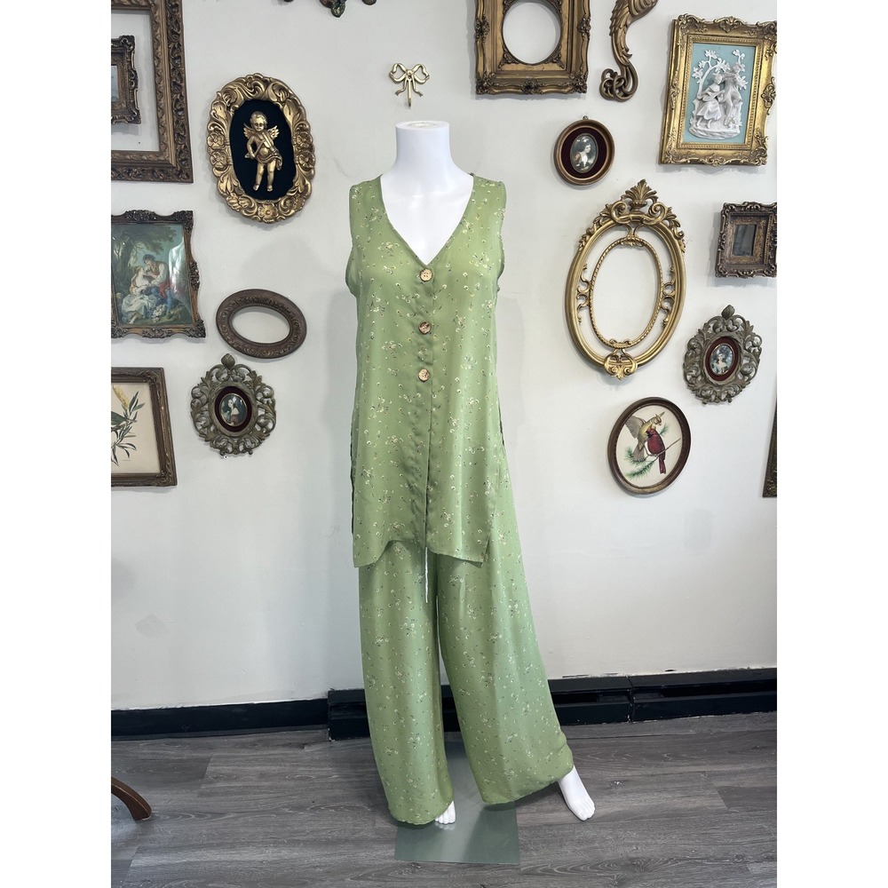 Necessary Objects Vintage Y2K Floral Tunic Vest Wide Leg Pants Set Size M